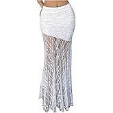 SHENHE Women's Lace Maxi Skirt Sheer Y2k High Waisted Coquette Fairy Fishtail Skirt
