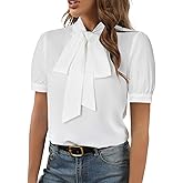 Rooscier Women's Bow Tie Neck Short Sleeve Elegant Office Workwear Blouse Shirt Tops