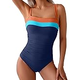 Eomenie Women's One Piece Swimsuit Tummy Control Ruched Bathing Suit Full Coverage Slimming Swimwear Color Block Swim Suit