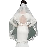 ELAWBTY 2 Tier Fingertip Length Lace Wedding Bridal Veil with Comb for Bride