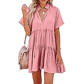 Dellytop Womens Drawstring V Neck Dress Ruffle Tiered Short Sleeve Babydoll Tunic Swing Sundresses