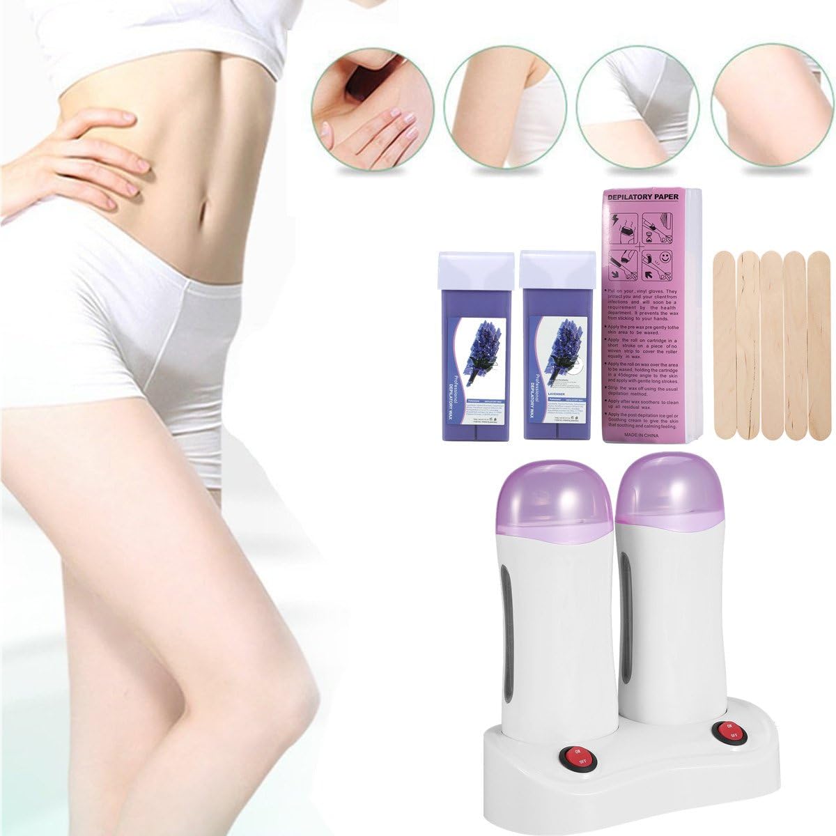Hot Wax Depilation – Double Roll Portable Hair Removal Wax Warmer + Wax with Lavender + Wooden Spatulas + Wax Paper Strips