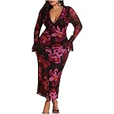 BEAUDRM Women's Plus Size Floral Dresses Deep V Neck Bell Long Sleeve Bodycon Party Club Maxi Dress