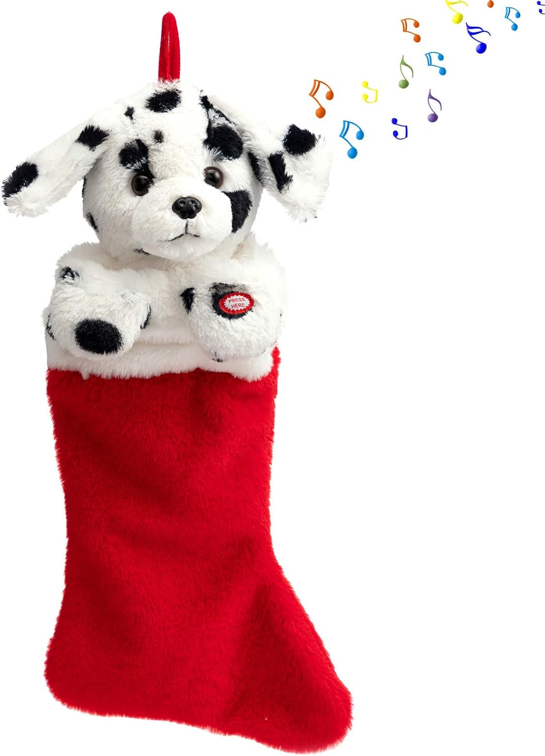 Stockings & Holders - HollyHOME Christmas Stockings Animated Dalmatian Puppy Plush Head Stockings with Music and Flapping Ears Hanging Xmas Decoration Kids Gift Socks Ornament 19 Inch