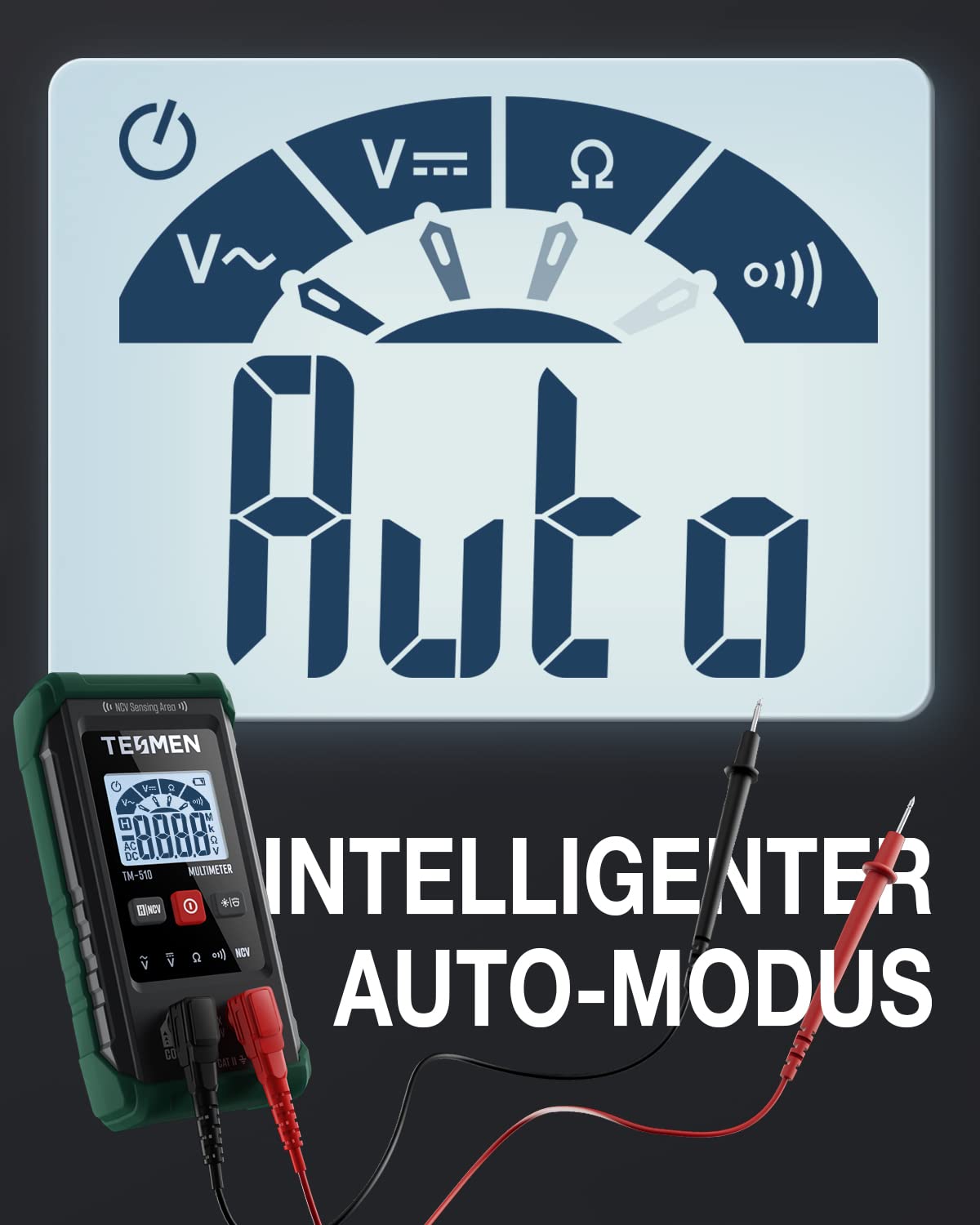 TESMEN TM-510 Digital Multimeter, 4000 Zähler Messgerät, Voltmeter mit Automatischem Messbereich, Intelligente Messung; Spannungsprüfer Misst AC/DC-Spannung, Widerstand, Durchgang – Grün 4