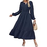 ZAFUL Womens Fall Maxi Dresses 2025 Puff Long Sleeve V Neck High Waist A Line Long Flowy Tiered Wedding Guest Dress Pockets
