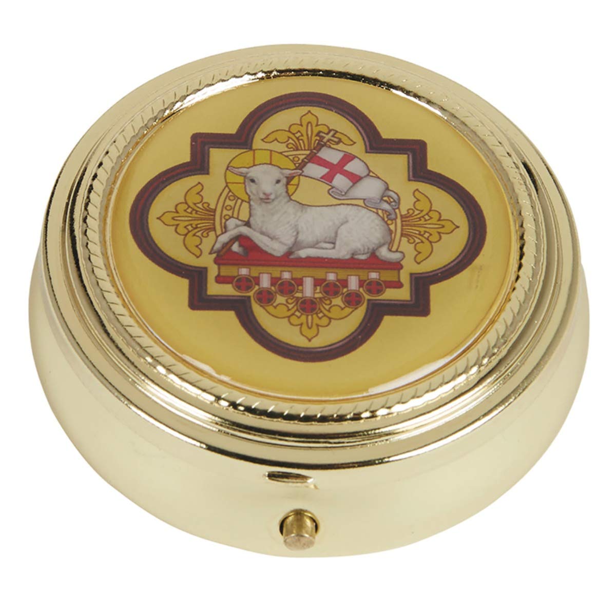 Pyx Case Gold Tone Agnus Dei Lamb of God with Epoxy Lid, 2 1/4 Inch