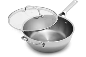 OXO Agility 3.57QT Stainless Steel Chef’s Pan with Glass Lid, Tri-Ply Mulitclad Saucepan, Induction Suitable, Measurement Mar