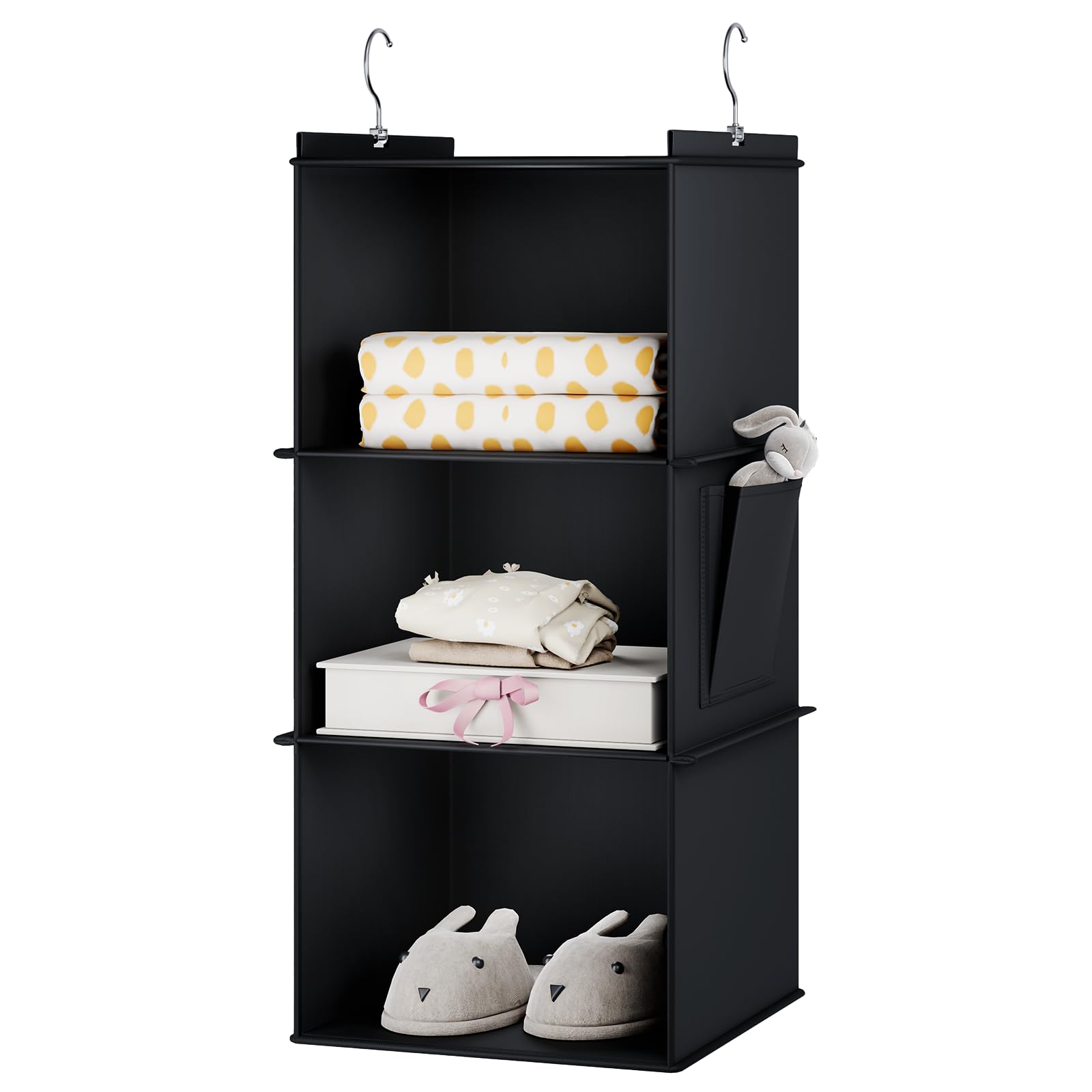 YOUDENOVA Hanging Storage 3 Shelves Closet Organizers and Storage Foldable Hanging Shelves with Side Pockets Wardrobe Organizer for Clothes Black