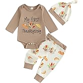 Lamuusaa Newborn Baby Boy Thanksgiving Outfit My First Thanksgiving Romper Turkey Long Pants Hat 3Pcs Clothes Set