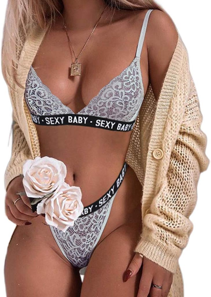 Womens Sexy 2Pcs Underwear Set Sexy Full Hollow Sheer Floral Lace Letters Bikini Deep V-Neck Bra High Cut T-Back Thong Swimsuit for Women Girls Ladies