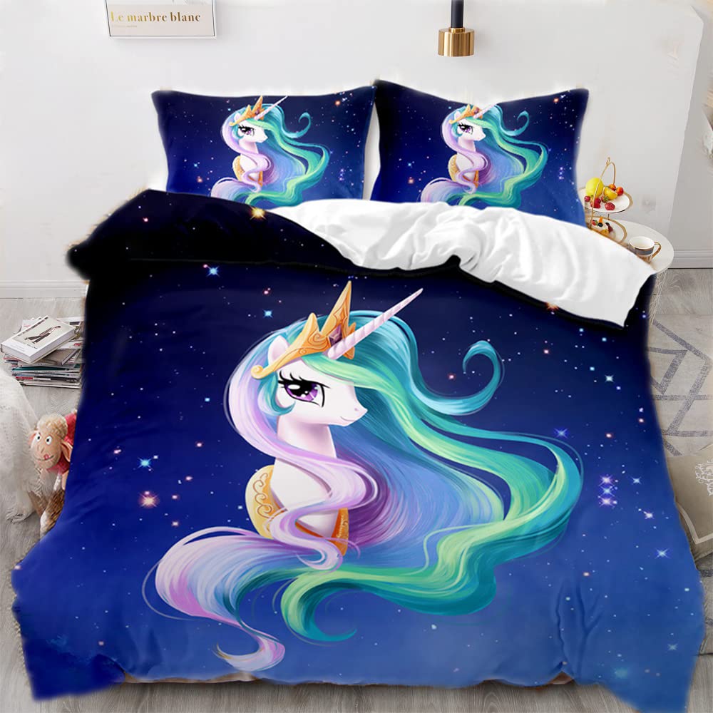 AOXHFNV Pink Unicorn Duvet Cover, Cute Unicorn Girls Children's Bed Linen 135 x 200 cm With 2 Pillowcases (200 x 200 cm, Blue) — image 1