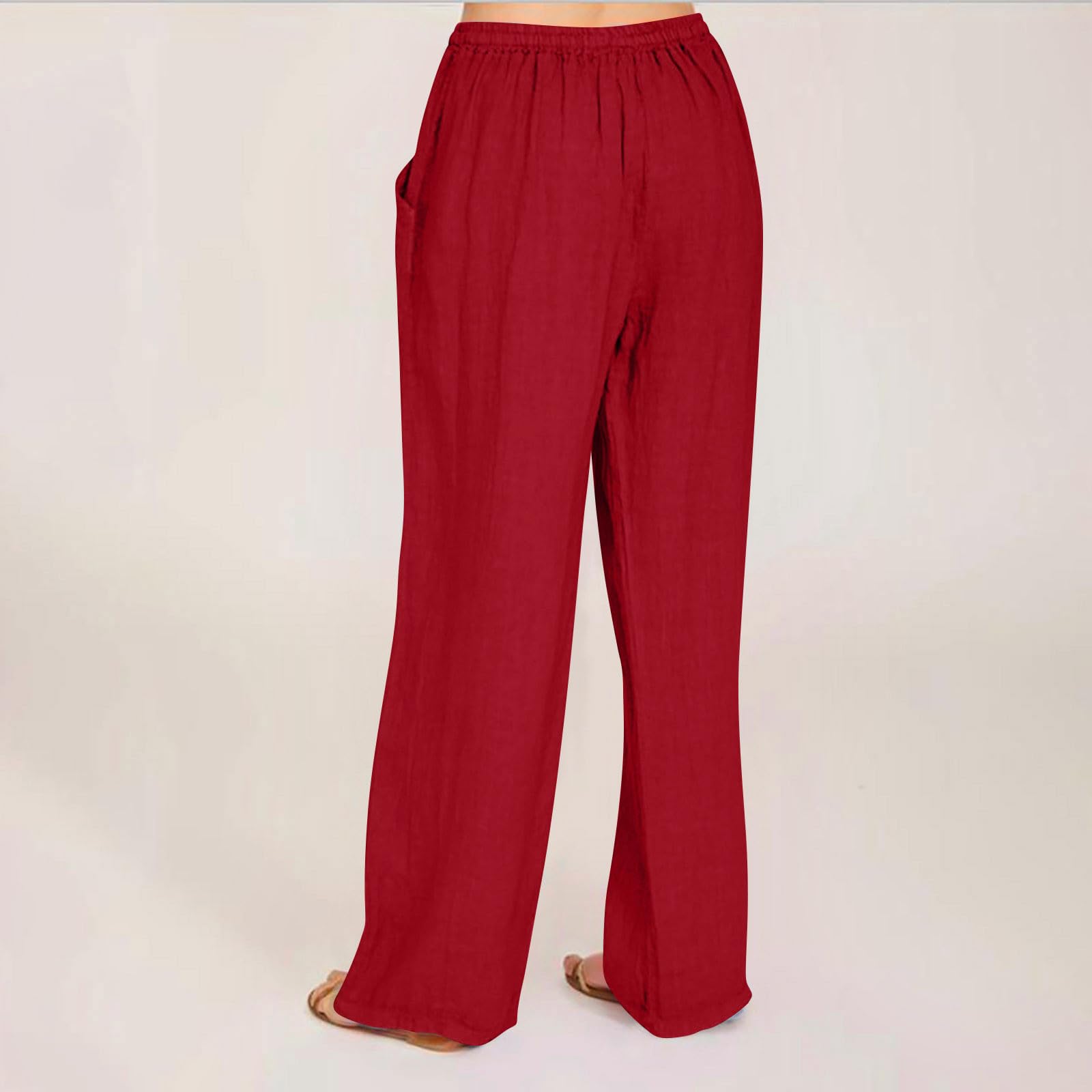 AQAYL Linen Pants Women Summer Wide Leg Pants Casual Palazzo Pants Drawstring Elastic High Waisted Lounge Beach Trousers Red