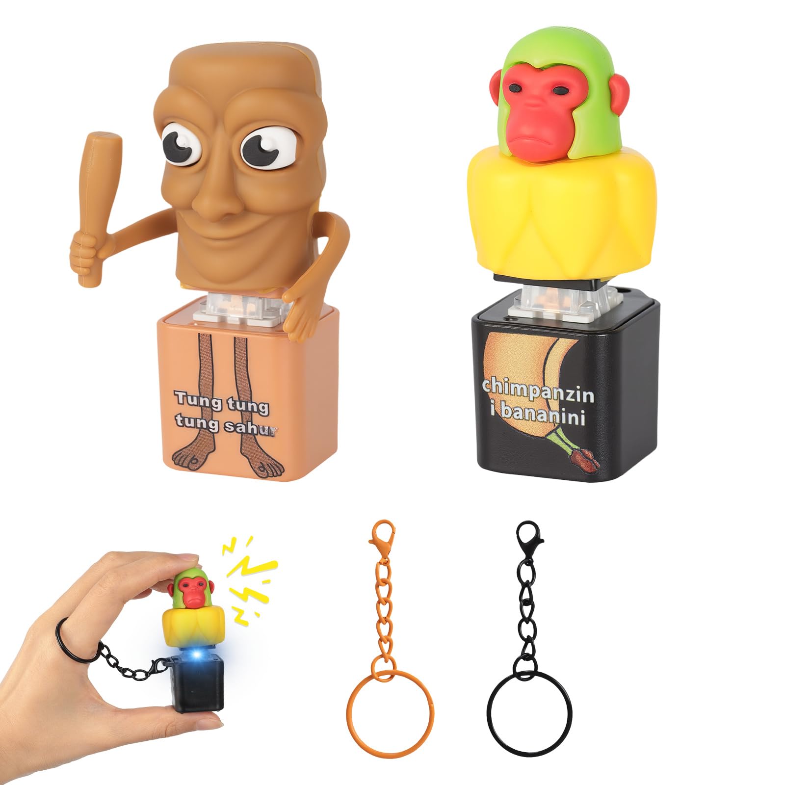 2Pcs Keyboard Fidget Toy Set – Quacking Keyboard Fidget Toy with Unique Sound & Colorful Lights, Monkey Keychain Sound, Animal Keychains, Character Designs, Portable Fidget Clicker Sets