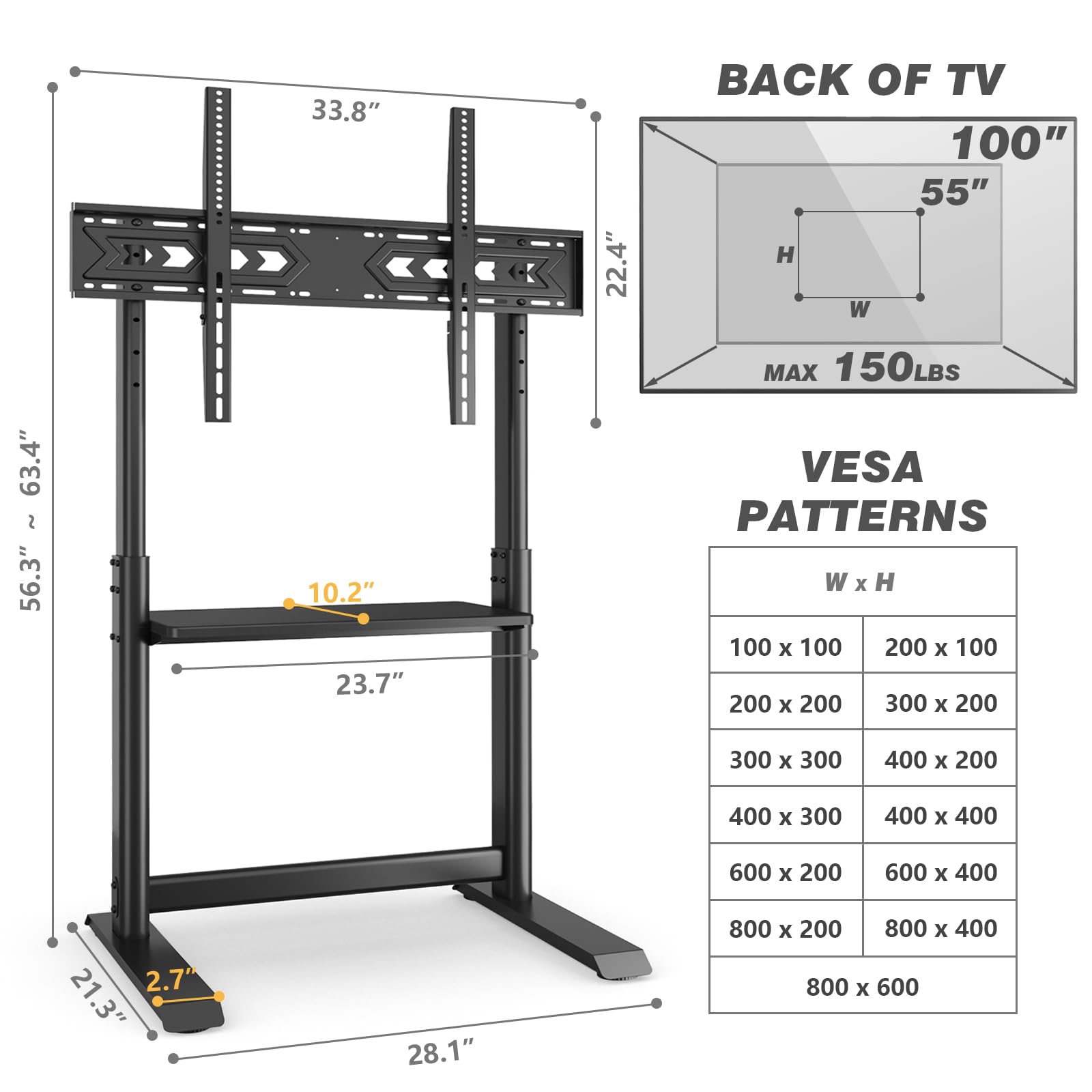 TVON Heavy Duty Floor TV Stand for 55-100 inch Large TVs up to 150 lbs, Universal Tall TV Stand with Mount, Height Adjustable TV Floor Stand with Large Storage Shelf for Living Room, Black