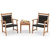 HAPPYGRILL 3 Pieces Rattan Wood Bistro Set, Patio Wicker Chairs Set with Acacia Wood Side Table, Outdoor Sofa Furniture Set for Yard Garden Porch Poolside