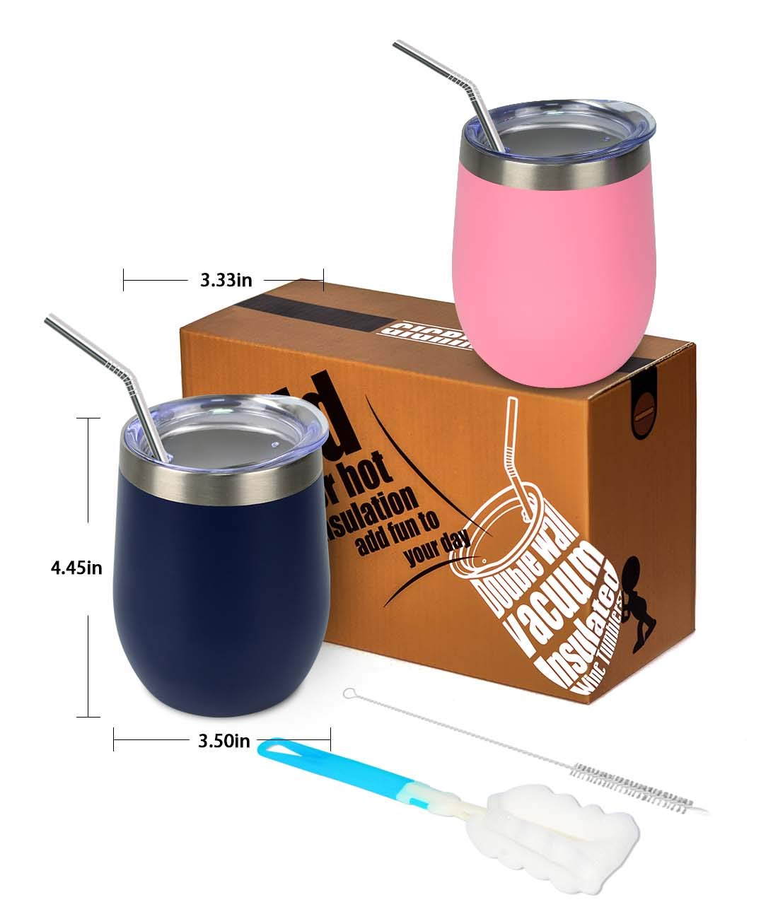 GIGRIN Stainless Steel Wine Glasses with Lid and Straw, 12oz Stemless Wine Tumbler Hot and Cold Insulated Wine Cup for Couples, Him Her - Cleaning Kit Included (Pink and Midnight Blue)