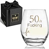 QHLLWT 50 and F Stemless Birthday Wine Glass Gift for Women Men, 50 Year Old Birthday Decorations wine glass For Her Him, Funny birthday Glasses gift for Dad Mom Sister Brothder Friends Coworkers-57