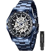 Tiong Men's Mechanical Watch Stainless Steel Men's Luminous Hand Watch, Skeleton Roman Numerals Waterproof Mechanical Watch