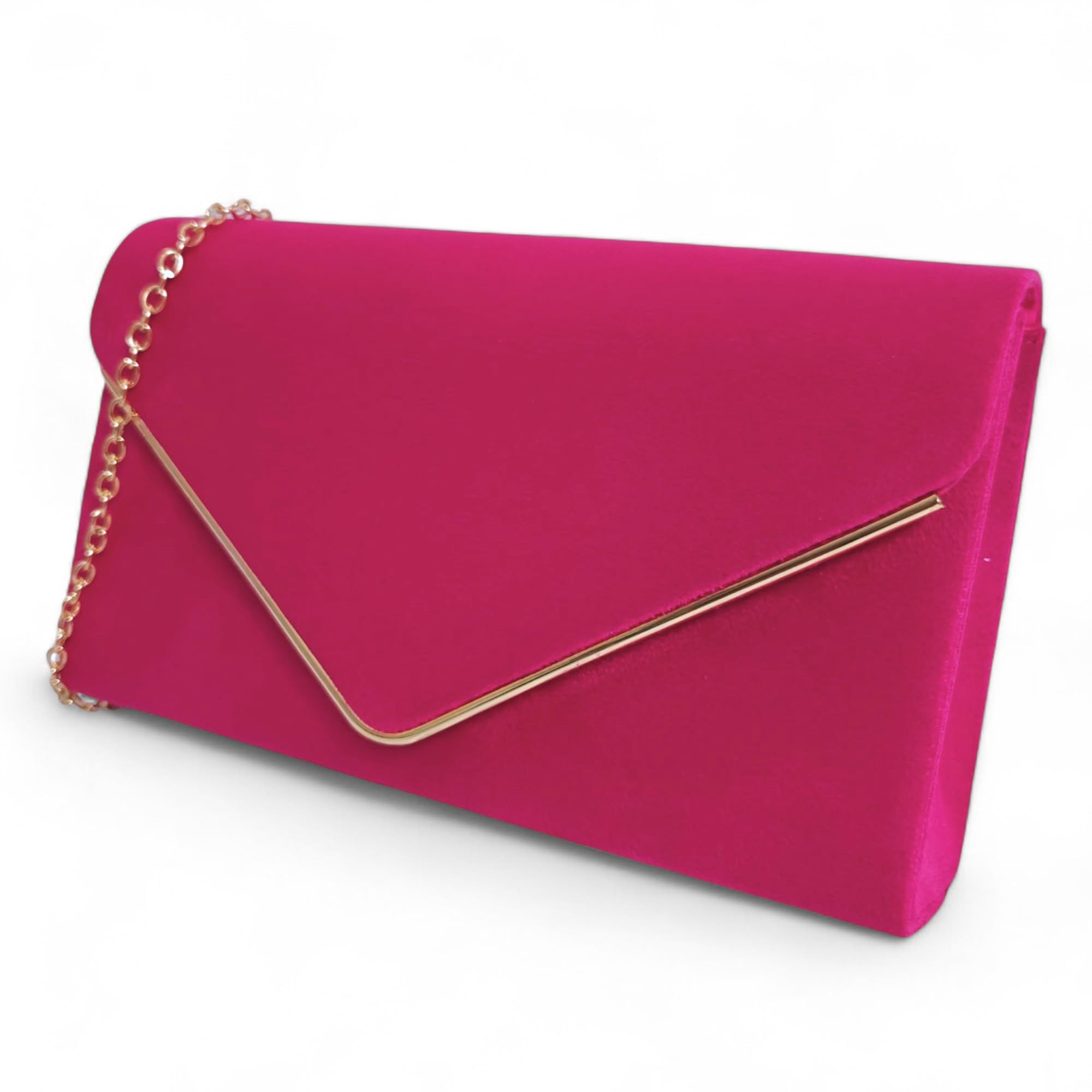 fi9 Women's Plain Suede Bridal Prom Wedding Evening Clutch Party Purse Hand Bag (Fuchsia Pink)