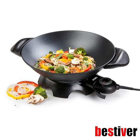 bestiver Beschichteter 5Liter WOK | Wokpfanne elektrisch inkl. Glasdeckel