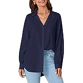 LYANER Women's Collar V Neck Button Down Long Sleeve Casual Work Office Blouse Shirts Top Navy Blue Medium