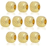 10pcs Round Large Hole Textured Spacer Beads Brass Loose Beads Charm Metal Stripe Bead for Leather Cord Snake Chain Bracelet Necklace DIY Jewelry Making (Gold)