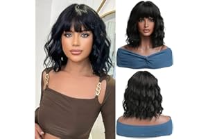 Esmee Short Wave Black Bob Wigs with Fringe for Women Shoulder Length Synthetic Wig for Daily Party Cosplay Use