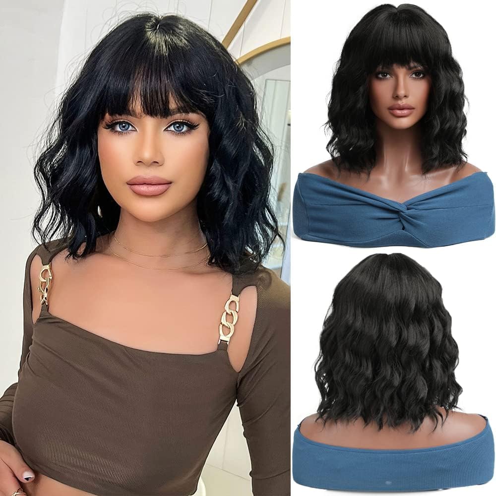 Esmee Short Wave Black Bob Wigs with Fringe for Women Shoulder Length Synthetic Wig for Daily Party Cosplay Use — image 1