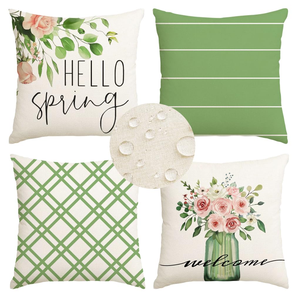 RABUSOFA Spring Pillow Covers 18x18 Inch Set of 4 Waterproof Outdoor Spring Decorations for Home,Green Farmhouse Decor Throw Decorative Pillows for Couch Patio