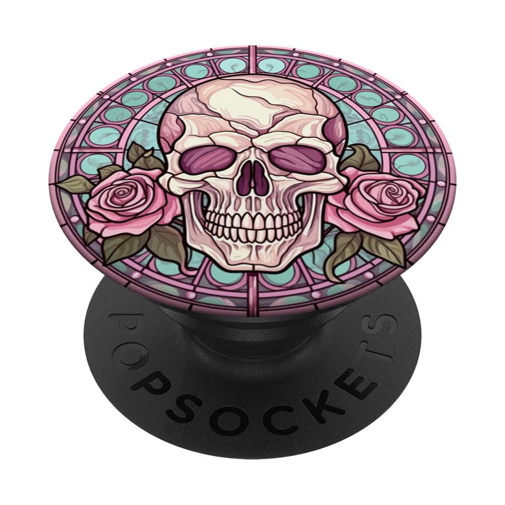 Beautiful Stained Glass Skull And Roses Stained Glass Style PopSockets Swappable PopGrip