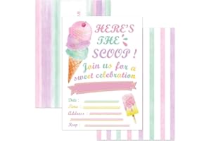 WERNNSAI Glitter Ice Cream Party Invitations with Envelopes - 20 Count Pink Sweet Popsicle Fill in Invite Cards for Girls Bir