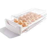Schikaya Egg-Holder for Fridge, Fits Small to Large Eggs, White | 18 Egg-Container for Refrigerator / Countertop, 1 Tier Dispenser with Drawer, Stackable Clear Egg Tray Storage