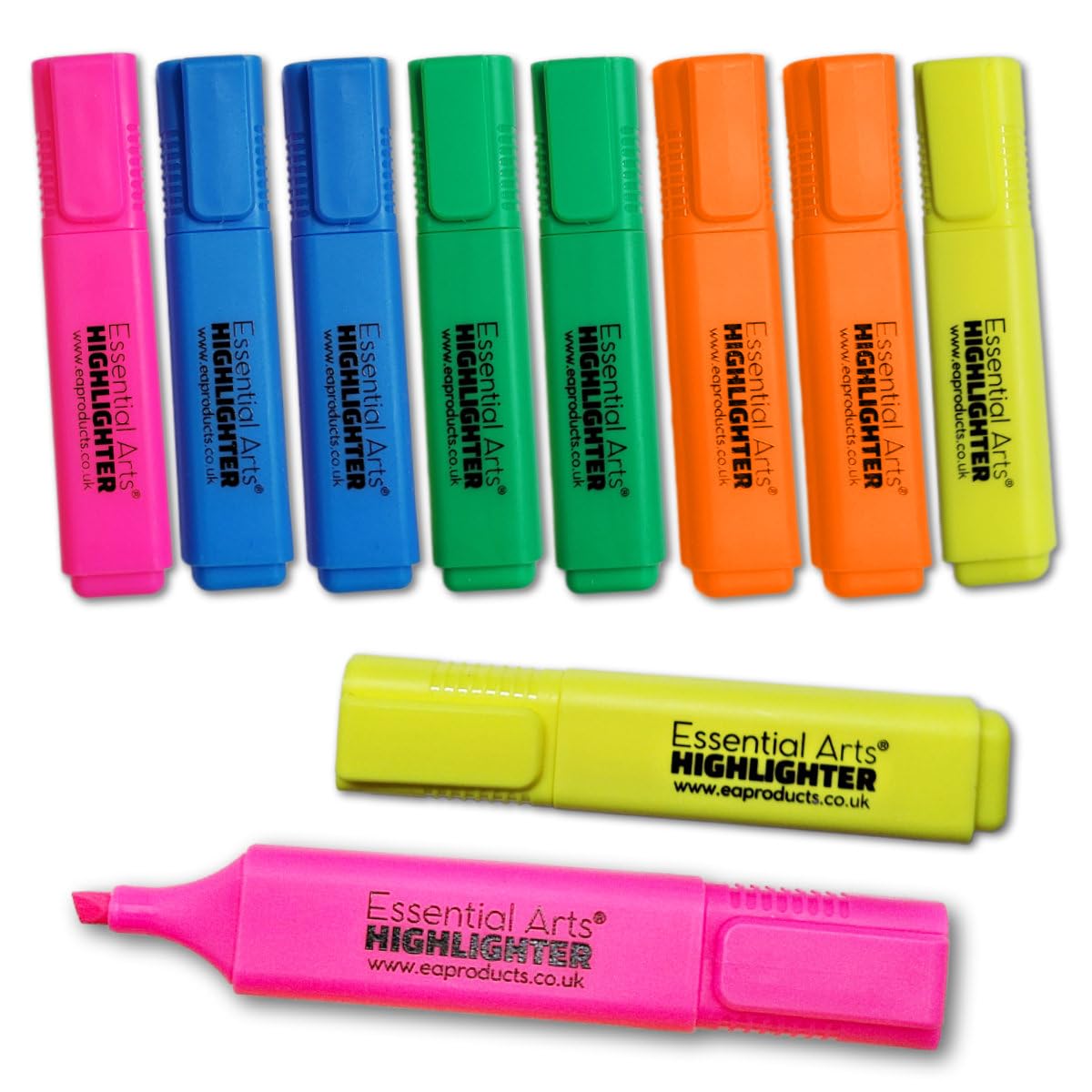 Essential Arts Square Mixed Highlighter Pen Pack of 10 | Yellow, Green, Pink, Orange, Green and Blue Chisel Tip Fluorescent Highlight Marker Pens for Office, School Art and Business