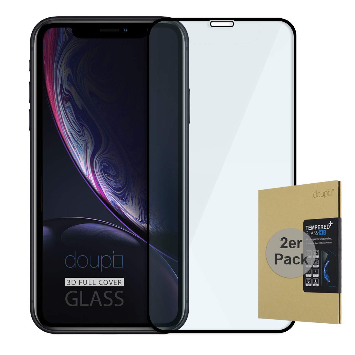 doupi 2X FullCover Screen Protector for iPhone 11 (2019) / XR (6.1 inch), Premium 9H HD Anti Scratch [3D Touch Supported] Tempered Glass Film, 2-Pack, black