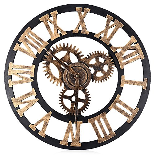 17.7 Inches Over-sized 3d Wall Clock, Silent Gear Wall Clock, Retro Rustic Large Wall Clock Decorative, Noiseless Big Wall Clock Vintage Antique Distressed Art Roman Numerals Design (Copper)