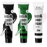 PASNOWFU Black White and Green Face Paint - Water-Based Non-Toxic Face Body Paint Kit for Witch Hulk Makeup, Full Coverage Washable Cream for Halloween Cosplay, Costume Parties, Stage Performances