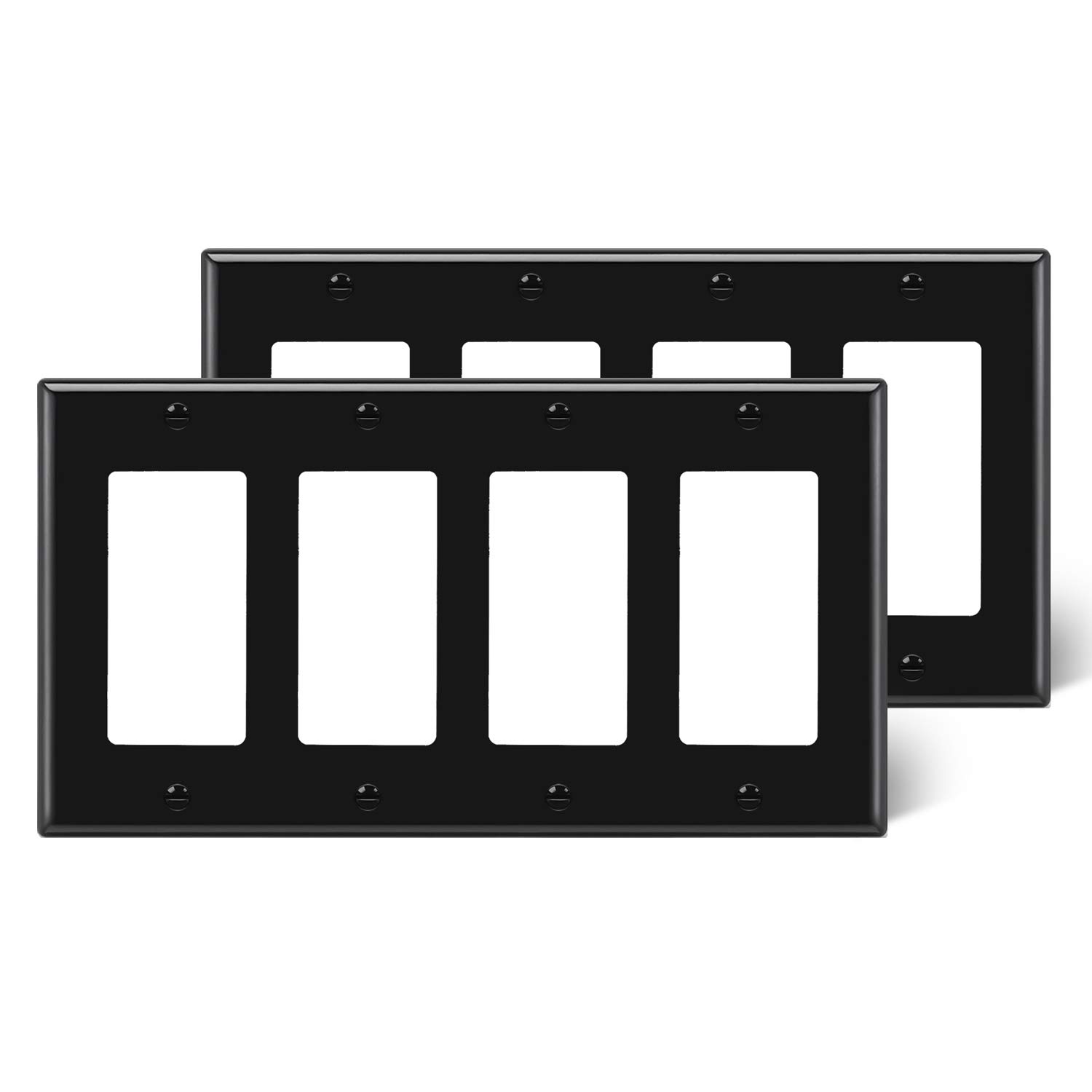 Photo 1 of [2 Pack] BESTTEN 4 Gang Decorator Wall Plate, Standard Size, Unbreakable Polycarbonate Outlet and Switch Cover, H4.53” x W8.23”, UL Listed, Black