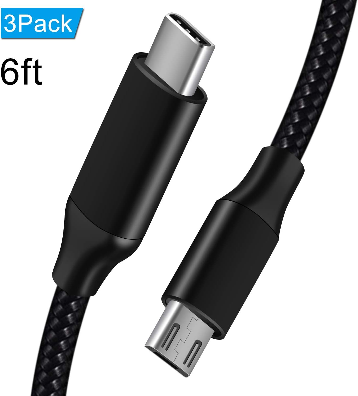 Micro to USB C Cable 6ft 3 Pack Type C to Micro USB Cable Nylon Braided Compatible with Android Devices and Galaxy S8 S9 Note 8,Google Pixel 2/3/2 XL/3 XL,Nexus 6P (6 Feet)