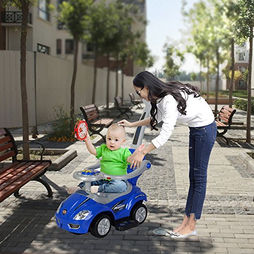 ChromeWheels 3 in 1 Ride on Toys Pushing Car with Guardrail,Mega Car for Toddler Wagon Handle Stroller,Color Blue