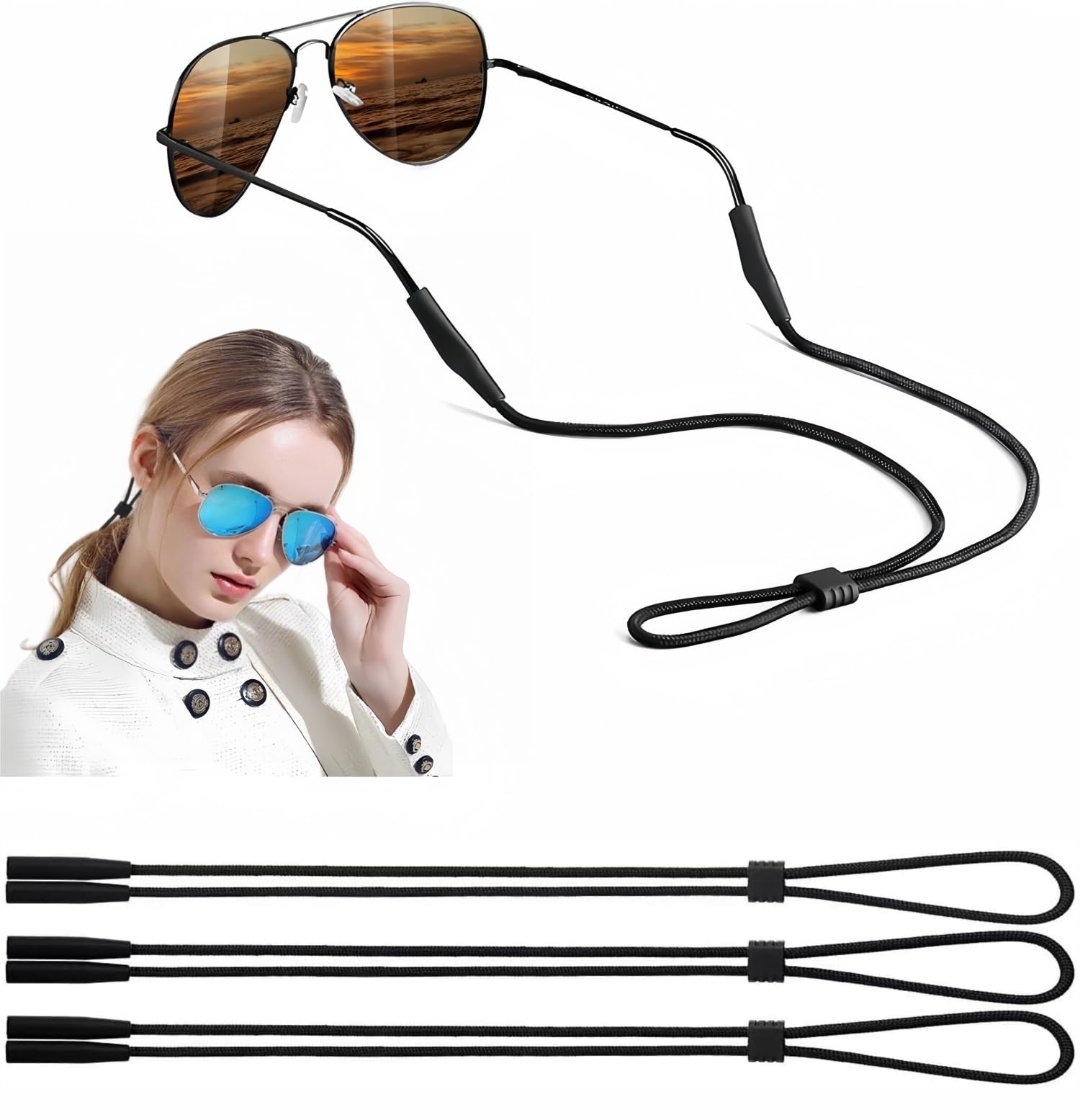Photo 1 of BANSTLE Eyeglasses Holder Strap - 3 Pcs Adjustable Eyewear String Lanyard Retainer - Sunglasses Strap for Men, Women and Kids - Eyeglass Holders Around Neck - Black