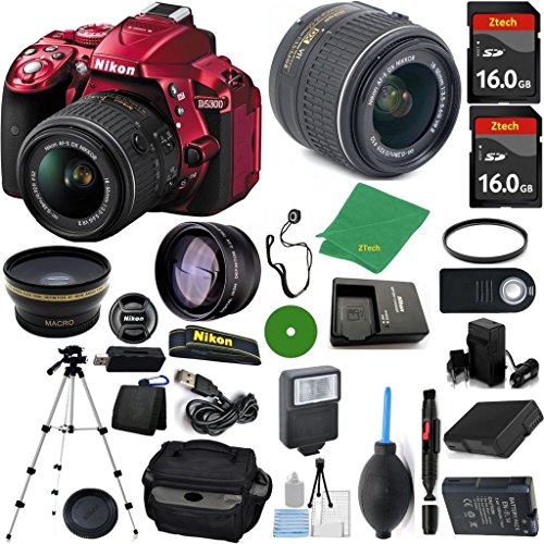 Nikon D5300 Red DSLR - International Version (No Warranty), 18-55mm f/3.5-5.6 DX VR, 2pcs 16GB Memory, Camera Case, Wide Angle, Telephoto, Flash, Battery, Charger Nikon D5300 Red DSLR - International Version (No Warranty), 18-55mm f/3.5-5.6 DX VR, 2pcs 16GB Memory, Camera Case, Wide Angle, Telephoto, Flash, Battery, Charger