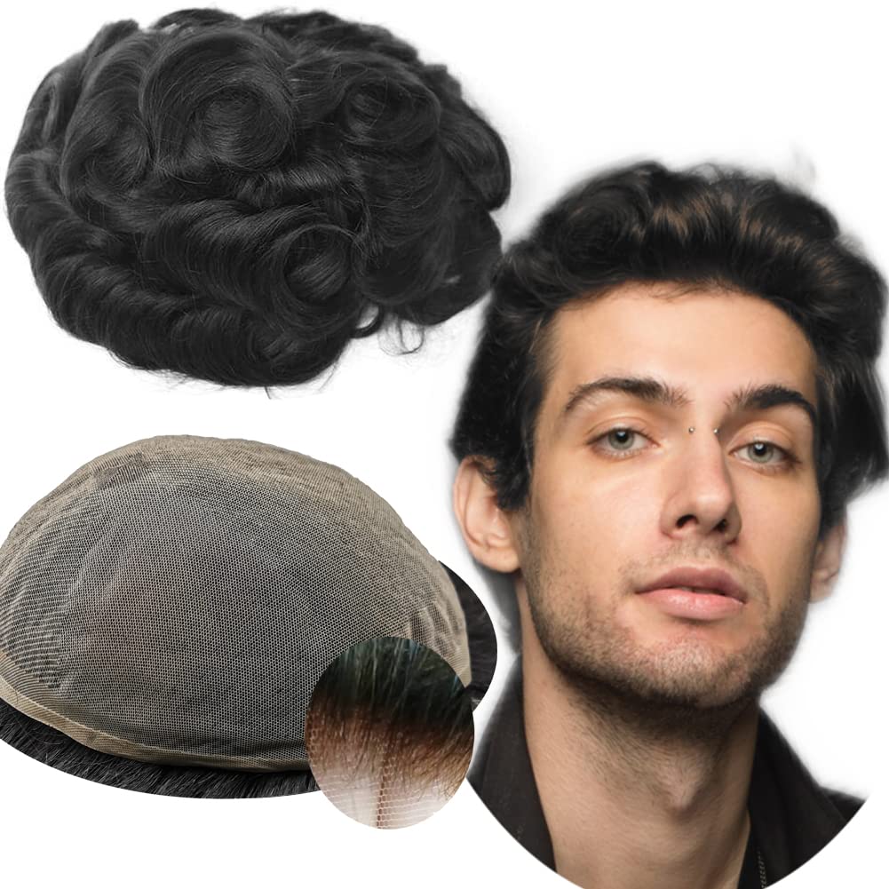 YANAHAIR Toupee for Men - Real Human Hair Replacement System - Fine French Lace Hairpiece - Customizable Hair Units - Natural-Looking Hair Pieces - Hair Prosthesis - #1B Off Black - 8x10 - Wavy