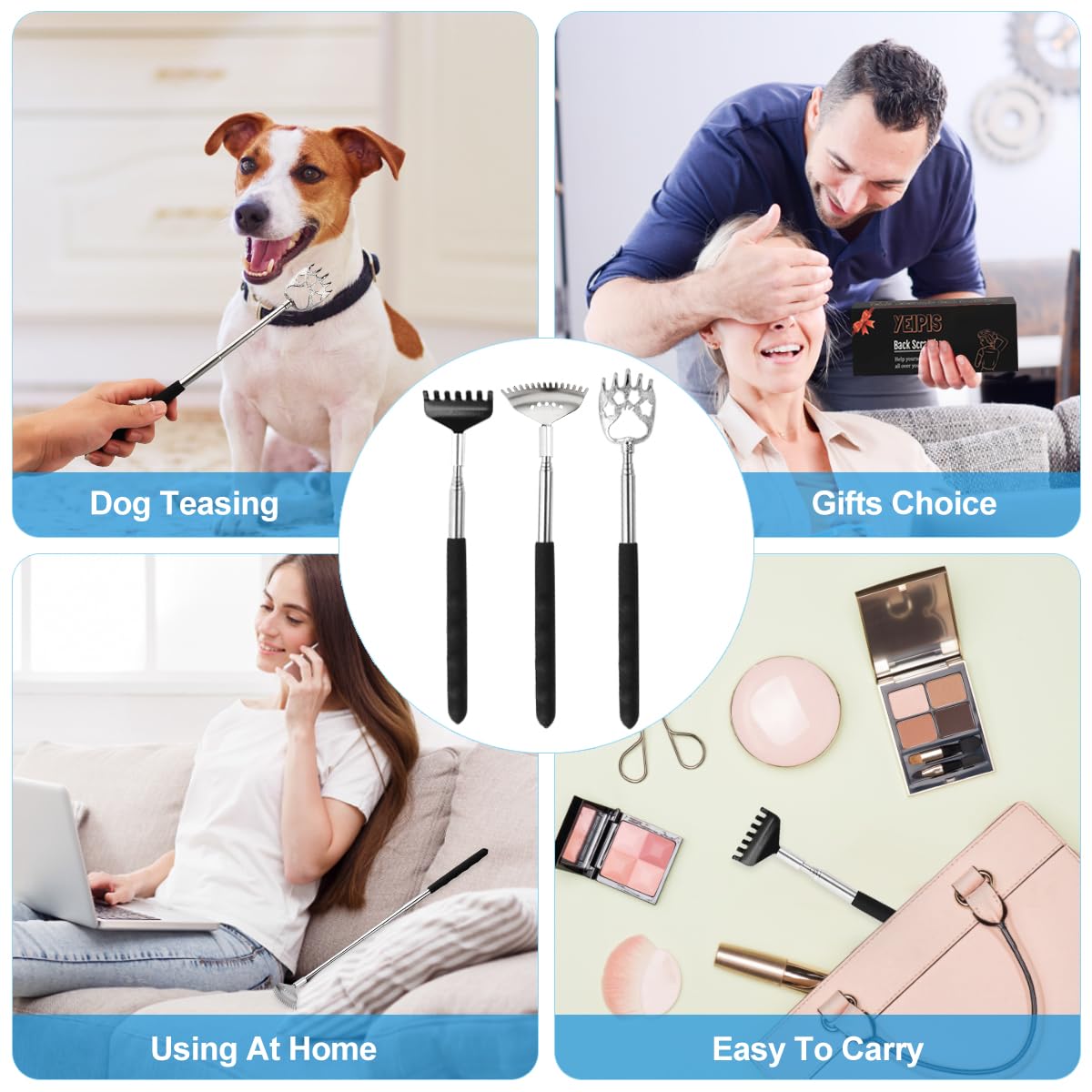 3 Pack Different Back Scratcher Metal Portable Telescoping with Rubber Handles, Extendable Back Massager Tool with Beautiful Box, Stocking Stuffers for Men Women Christmas Presents(Black)