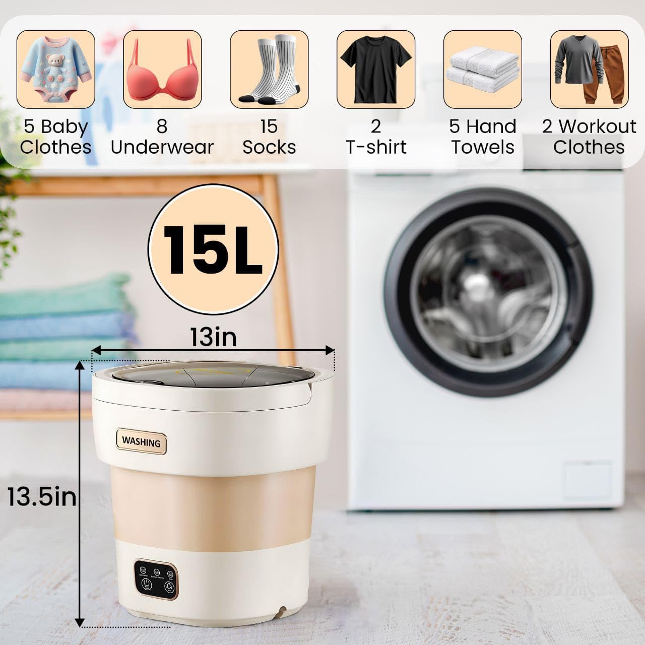small portable washing machine15L with Spin Basket – Small Washer portable for Underwear, Delicate Clothes, and Light Laundry – Ideal for Apartments, Dorms, Hotels, and Camping.