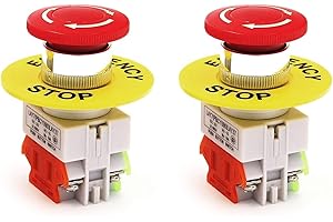 RuoFeng 22mm Emergency Stop Push Button Switch Red Mushroom Cap E-Stop Push Button Switch with 60mm Emergency Stop Sign 1NO 1NC DPST AC 660V 10A Self Lock (2PCS)