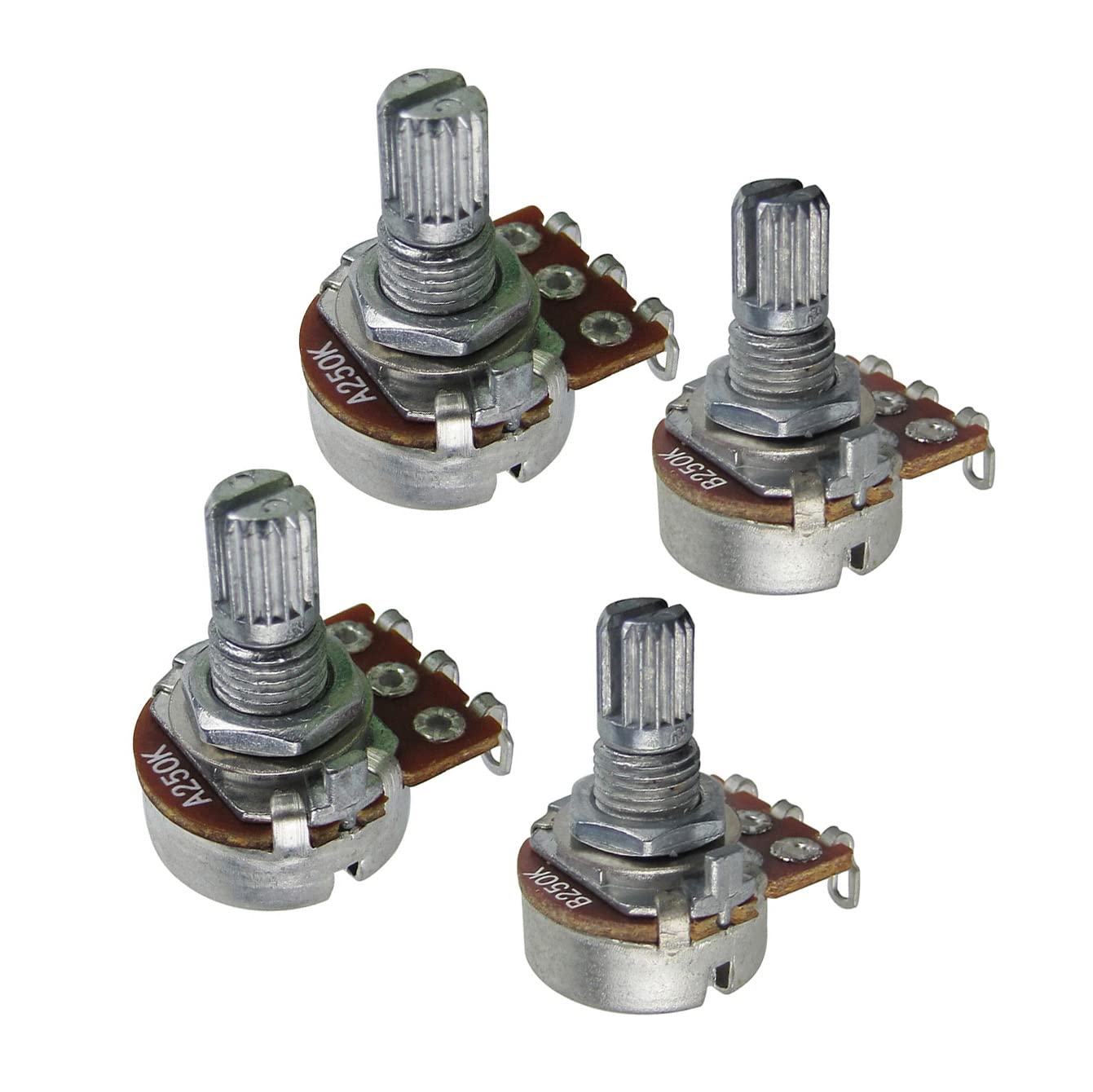 FLEOR 4PCS Guitar Tone Volume Control Pots A250+B250 Set with Bayonet L15mm Short Split Shaft for Electric Bass Guitar((Set of 2A2B)
