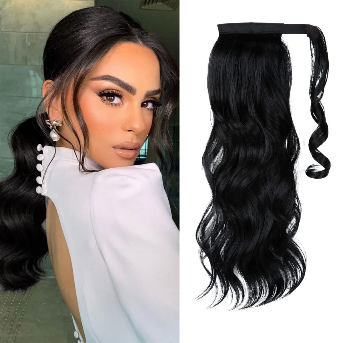Photo 1 of CJL HAIR 18" Long Ponytail Hair Extension Wrap Around Pony Tail Clip in Curly Wavy Synthetic Fake Hairpiece for Women Jet Black