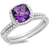Dazzlingrock Collection 18K Gold 7 MM Cushion Cut Amethyst & Round White Diamond Halo Wedding Ring Set