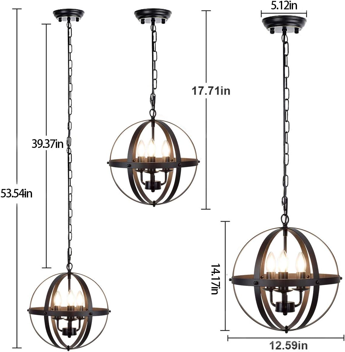 Ganeed Pendant Light, Industrial Globe Pendant Lighting, Vintage Chandelier Spherical Hanging Light, Ceiling Light Fixture for Kitchen Island Dining Table Farmhouse - - 